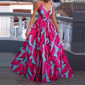 Turqouise Maxi Summer Dress with Pink Feather Patterns